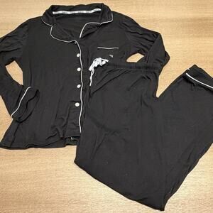 Bern Women's Black Solid Knit Pajama Set Button-Front Collared Long Sleeve S